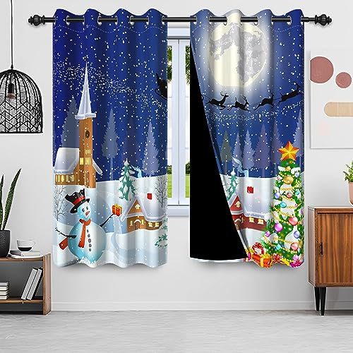 Tende di Natale, Uiiooazy Tende Oscuranti Blu Albero di Natale Verdi Pupazzo di Neve Tende Termica Isolante Freddo con Occhielli per Camera da Letto Interni Finestra Soggiorno, 2 Pannelli, 140Lx225Acm