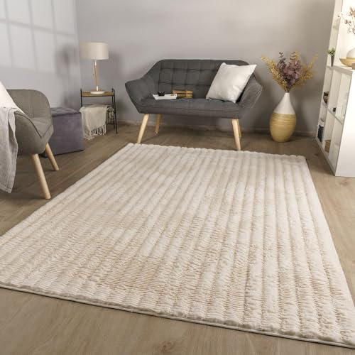 TT Home Wohnzimmer Teppich Esszimmer Langflor Skandi Optik Geometrisch 3D Unifarben, Farbe:Hellbeige Creme, Größe:200x280 cm
