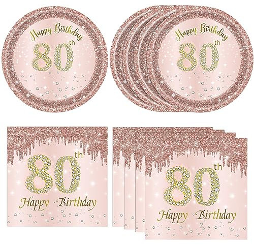 KHAIVI 40PCS 80th Birthday Decorations for Women - Rose Gold Disposable Tableware Include Plates and Napkins for Women's 80th Birthday Vintage 1943 Decorations