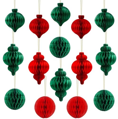 Syoulin-Vintage Paper Christmas Decorations - 15 PCS 3D Hanging Ornaments, Honeycomb Party Decor for Windows and Tables, Reusable