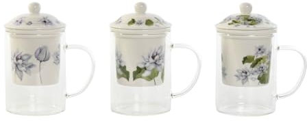 DKD Home Decor Taza con Filtro para Infusiones Azul Blanco Verde Cristal Porcelana 300 ml (3 Unidades)