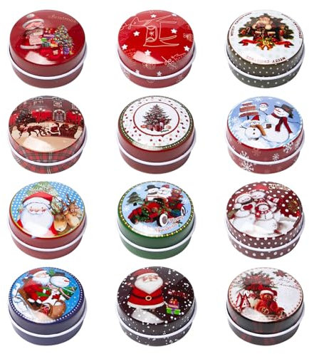 Sixfolo 12 Stück Mini Weihnachten Blechdose Kleine Keksdose Weihnachten Rund Mini Metalldose Bunt Kerzendosen Leer mit Deckel für Tee Süßigkeiten DIY Kekse Bonbons