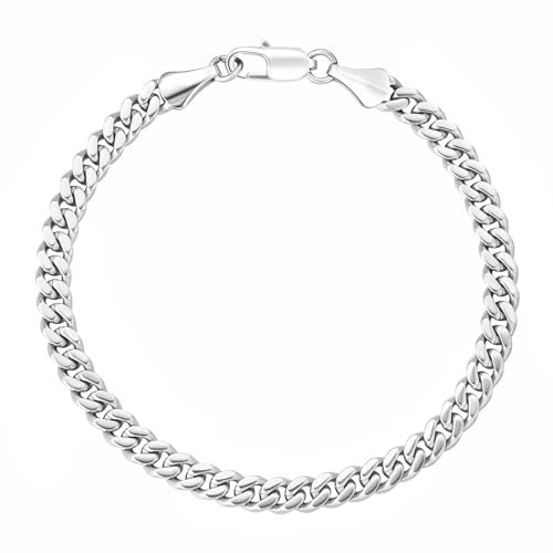 KRKC Herren Armband, Silber Farbe 5mm Edelstahl Panzerkette Cuban Armband, Nickel-frei Rostfrei Armbänder für Männer Länge 17,8cm