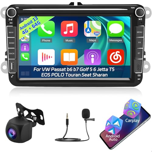 [4+64G] Android 15 Radio de Coche para VW Passat B6 B7 Golf 5 6 Jetta T5 EOS Polo Touran Seat Sharan con Carplay y Android Auto - Radio de Pantalla Táctil de 8 con WiFi/GPS/DSP+ Cámara de Seguridad