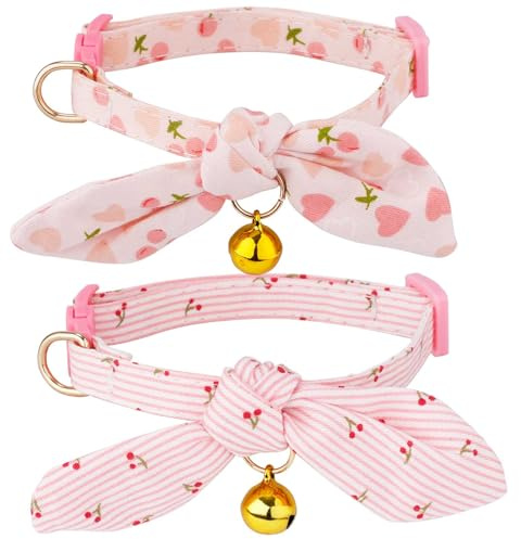 2pcs Colliers pour Chat en Coton avec Noud Papillon et Clochette, Colliers pour Chaton à Noud Papillon Détachable Collier Réglable en Forme de Cour Cerise et Rose pour Chats Femelles
