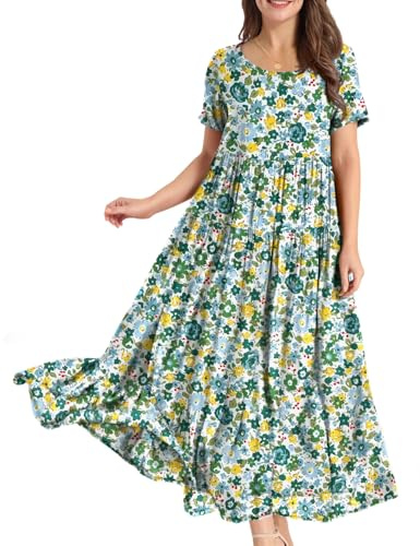 YESNO Women Dresses Casual Plus Size Bohemian Short Sleeve Floral Long Maxi Summer Beach Swing Dress/Pockets L EJFUK CR454