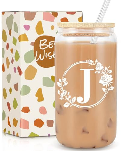 Gifts for Women, Birthday Gifts for Women, Personalised Monogrammed Gift, 16oz Initial Glass Cup with Lids Straws, Personalised Custom Cute Glass Cup for Mom, Teachers, Friends, Initial J