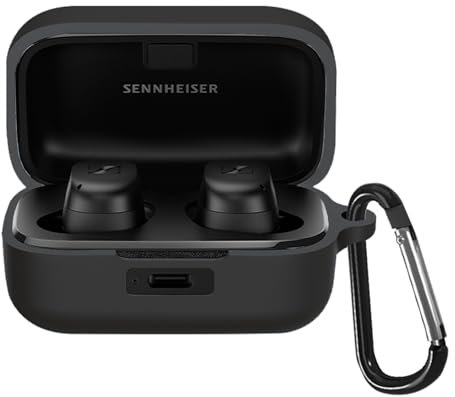 YAODLE Compatible for Sennheiser Momentum True Wireless 4/Momentum True Wireless 3 Case, Silicone Shockproof Protective Cover with Carabiner(Black)