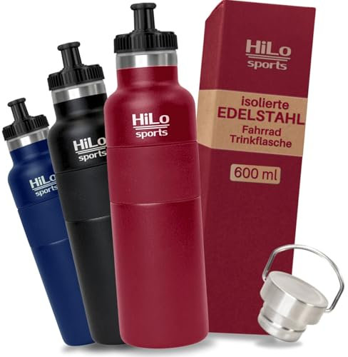 HiLo sports 600 ml Fahrradflasche Edelstahl Isoliert - Für Kunststoff Flaschenhalter - [Pulver Beschichtetes Edelstahl] - Fahrrad Trinkflasche mit 2 Verschlüssen - Thermo Radflasche