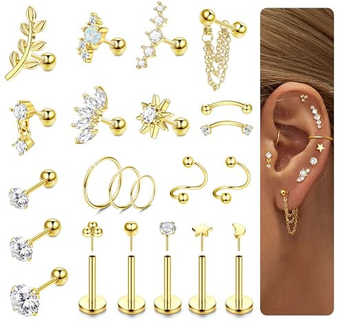 KRFY 22Stück Tragus Piercing Ohr Set 316L Chirurgenstahl Ohrringe Creolen Damen Set Fadenlos Flat Piercings Ohrstecker Hypoallergen Conch Daith Helix Piercing Ohr Schmuck Gold