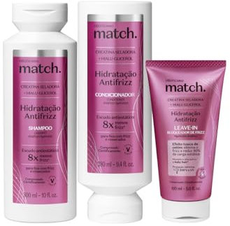 O Boticário Match Hidratación Anti-Frizz Set Cuidado del Cabello con 3 Productos Vegan | Champú 300ml, Acondicionador 300ml y Leave-In 150 ml