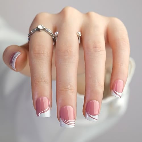 24PCS Short Square False Nails - French Tip Press on Nails - Pink White Ombre Stick on nails - Fake Nails with Glue - Full Cover nails French Tip Glue on for Women Nail Art Home