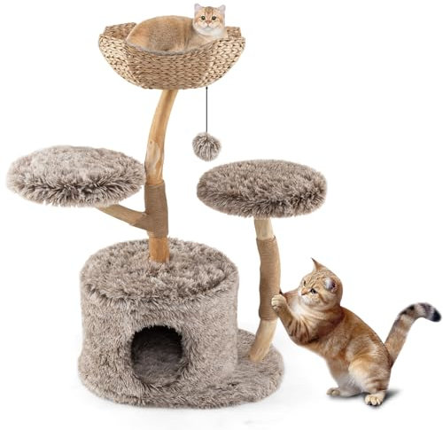 COSTWAY Arbre à Chat, Arbre a Chat Bois en Poirier Massif, 3 Plateformes, 2 Poteaux à Griffer en Jute, Condo, Tissue Peluche, Coussins Amovible, Pompon Suspendu, 60 x 60 x 105 cm (105 cm)