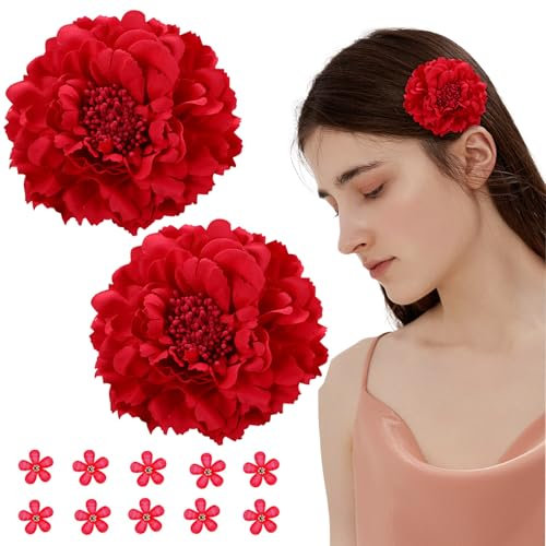 VEGCOO Clips Pelo de Flor, Flor Flamenca Clavel, Horquillas con Diamantes de Imitación, Peineta Flamenca y Accesorios para Sevillana, Fiesta y Boda, Rojo