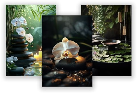 WBdesignz 3er Poster-Set – Spa Naturmotive mit Orchideen, Zen-Steinen & Wasserschale – Beruhigende Wellness-Wanddeko für Badezimmer, Spa oder Meditationsbereich (DIN A4) – ohne Rahmen
