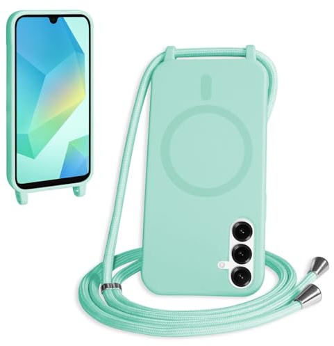 FMPCUON Magnétique Coque avec Cordon pour Samsung Galaxy A25, [Compatible avec MagSafe] Etui Collier Réglable Téléphone Étui Portable Lanyard Case Protection Complète Cover,Vert Clair