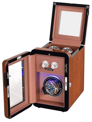 LLS Automatischer Uhrenbeweger mit leisem laufendem Motor, eingebauter Beleuchtung & einstellbaren verbesserten Uhrenkissen für Herren/Damenuhren, Walnuss, Walnut 1 Uhr, 1 watches, Japanisch