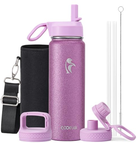 Coolflask Water Bottle 710ml Insulated with Straw, Stainless Steel Metal 3 Lids Water Flask Wide Mouth for Sports or Office, Non-BPA Keep Cold Up to 48 Hrs or Hot Up to 24 Hrs, Glitter Pink