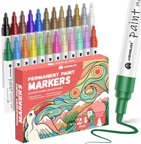 Aurobliss Paint Markers Coloured 24, Oil Based Permanent Marker Pens for Plastic, Fabric, Wood, Metal, Stones, Canvas, Glass Waterproof Outdoor Paint Pens