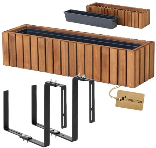 HOMERZO Holz Pflanzkasten Blumenkasten rechteckig – braun imprägniert, mit herausnehmbarem Kunststoff-Einsatz – Pflanzkübel für Balkon, Garten & Terrasse (Vertikal-braun, 86x23 H20 + Halter)