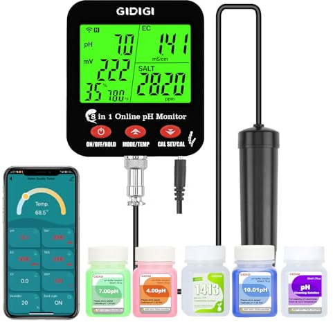 GIDIGI pH ppm WiFi-Monitor, intelligenter 8-in-1 Wasserqualitätstest, hydroponischer pH EC-Messer, pH TDS EC Salz ORP-Tester mit Kalibrierlösungs-Kit, Salzgehalt-Tester für Aquarien