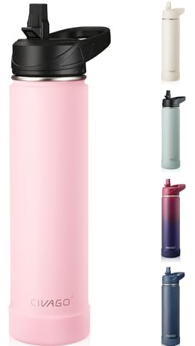 CIVAGO Insulated Stainless Steel Water Bottle with Straw, 750ml Metal Sports Drink Bottle with Handle, Travel Thermal Flask Cup for Gym and Hiking, Pink