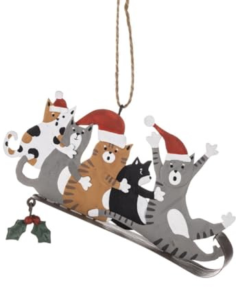 Traditional Metal Christmas Tree Decoration, 5 Playful Cats/kittens/moggies on Sledge, Handmade Christmas tree Ornament, Santa Hats, 16.5 x 12 cm,great secret santa gift