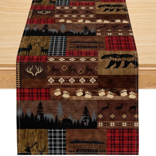 Rustikaler Lodge Tischläufer mit Bär Hirsch & Elch – Patchwork Design in Baumwoll Leinenoptik, Woodland Wildlife Deko für Esstisch Küche & Ferienhaus 33x152cm