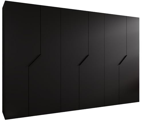 MEBLE KRYSPOL - Kleiderschrank - Garderobenschrank - 300 cm x 202 x 52 cm - Schrank mit Kleiderstange, 6 Türen - für Schlafzimmer, Flur - Andrew, Schwarz, Griff Schwarz