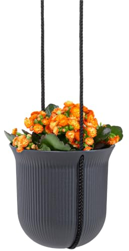 KONZEPT Blumenampel Hängend 18 cm Durchmesser – Hängeblumentopf in modernen Rippen-Look, Wetter- & UV-beständig, 3-in-1 Set (Topf + Halterung + Schnur), für Wohnung, Balkon & Terrasse, Anthrazit
