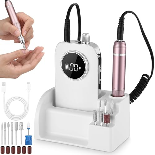 Nagelfräser, Elektrische Nagelfeile 45000 RPM, Wiederaufladbare Nagelpflege Set mit LCD-Display, Verstellbarer Geschwindigkeit, Maniküre Set Elektrisch für Acrylnägel Gelnägel, für Salon