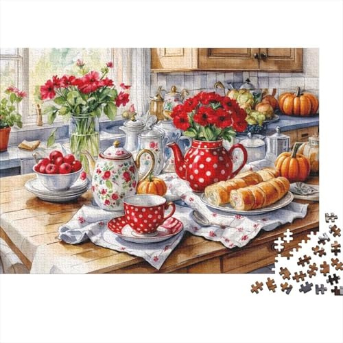 Landhaus Morgen Roter Punkt Teekanne 1000 Teile Puzzle für Erwachsene Papier Frühstück Szene Familienspiel Puzzle Entspannung Zuhause Geschenk 38x26cm/1000pcs