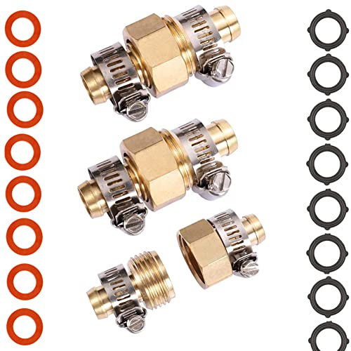 Messing Gartenschlauch Mender End Repair Kit Wasserschlauch End Mender mit Edelstahlklemme, weiblich und männlich Schlauchverbinder 3Sets, Extra 16 Unterlegscheiben. (3/4B)…