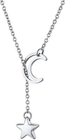 FOCALOOK Lariat Kette Mond Stern Damen Y-Kette Edelstahl 70cm lange verstellbar Halskette für Freundin trendig Modeschmuck Accessoire für V-Ausschnitt Pullover Kleid
