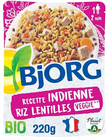 BJORG - Plat Cuisiné Riz Lentilles à l'Indienne - Plat Préparé Bio et Végétarien - Doypack Micro-ondable 220 g