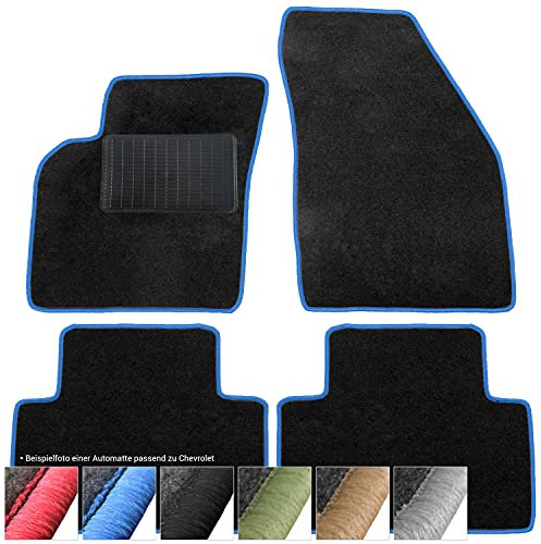moto-MOLTICO Fußmatten Auto - Velours Autoteppiche passend für Chevrolet Spark (2010-2015) - 4-teiliges Set - Schwarze Automatten mit Blauen Ziernähten