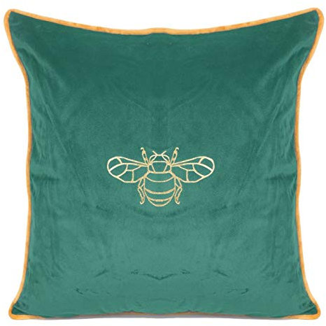 Eurofirany Elegante Kissenbezüge Dekokissen 45x45 Velvet Bezug Samt Kissenhülle Weiche Sofakissen Gold Silber Libelle Muster Biene Design Lotus (Butt1 dunkelgrün+Gold)