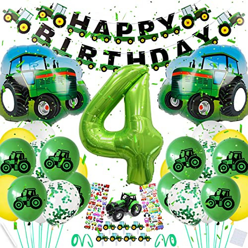 Traktor Geburtstag Deko 4 Jahre Junge,Trecker Deko Kindergeburtstag 4,Riesen Folienballon Zahl 4,Geburtstagsdeko Traktor 4 Jahre, Traktor Luftballons Geburtstag Deko mit Happy Birthday Girlande