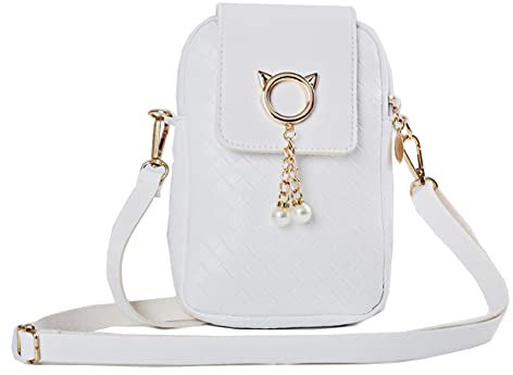 GajuChuf Womens Mini Crossbody PU Cellphone Shoulder Bag, Ladies Zipper Phone Purse Smart Wallet Mobile Phone Bag with Adjustable Shoulder Strap for Travel Shopping Outing Work Strolling (White)