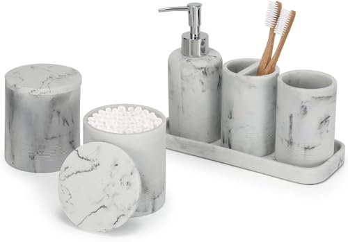 ZCCZ Badezimmer Set – 6-teiliges Organizer-Set mit Zahnbürstenhalter, Seifenspender, Schale für Kosmetik und Wattestäbchen – Elegante Deko in Marmor-Optik, weiß für stilvolle Badezimmergestaltung