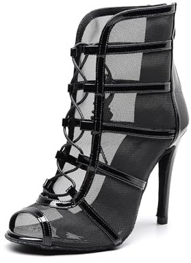 YKXLM Zapatos de Baile Latino Mujer Salsa Tango Bachata Vals Botines Punta Abierta con Cordones Zapatos de Baile de Salón,8.5CM,Negro,38.5EU