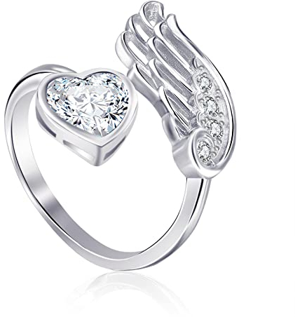 Qings April Moissanit Geburtsstein Ringe Sterling Silber Damen Verstellbarer Birthstone Flügel Feder Weiß Herz Zirkonia Verlobungsring Eheringe Geburtsstein Schmuck für Frau Freundin
