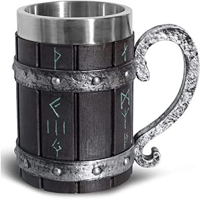 VEOOJRFEY Nordic Beer Mug with Handl Barrel Viking Rune Mug Double Wall Drinking Mug Large Capacity Beer tankard Cup Bar Drinking 500ML Christmas Halloween Gifts