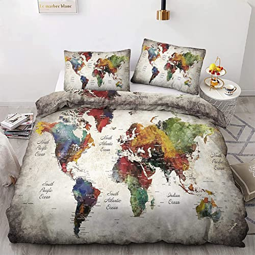 WQIZXCW Weltkarte Bettwäsche 135x200, Weiche Microfaser Bettwäsche-Sets 2 Teilig, Geographie Bettbezug Set mit Reißverschluss und 1 Kissenbezug 80x80 cm