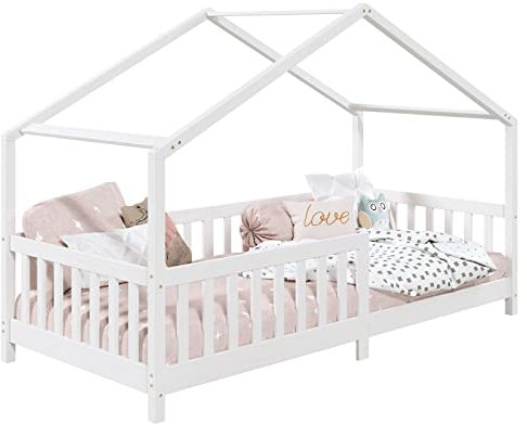 Lit cabane Enfant 90x190 cm LISAN lit Simple Montessori avec Barrières de Protection en Bois Massif lasuré Blanc