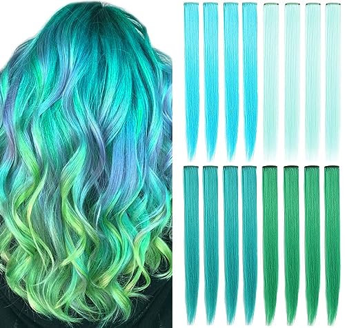 ZHIRXIN Farbige Haarverlängerung 12 Stück Blaugrün Blau hellgrün grün Haarteil Princess Party Highlight Bunte glatte Haarverlängerungen Clip in Kostümen, 50cm