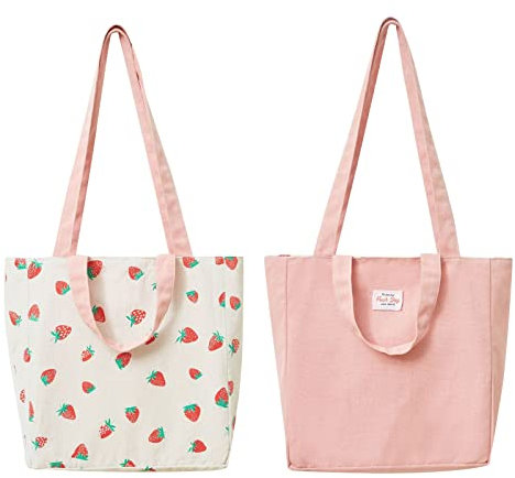 PLATEYTR Sac en Toile Double Face en Coton et Lin,Sac en Tissu, Sac à provisions, Coton épaule Double poignée Toile Messenger Bag pour Femmes, Enfants(Strawberry,31 * 10 * 31cm)