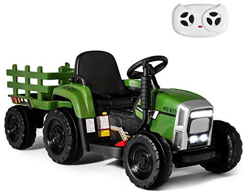 GYMAX Kids Electric Tractor with Detachable Trailer, Remote Control, LED Lights, Music, Horn, USB & Bluetooth, 12V Battery Powered Ride on Car for 3 Years Old + Boys Girls (Dark Green)