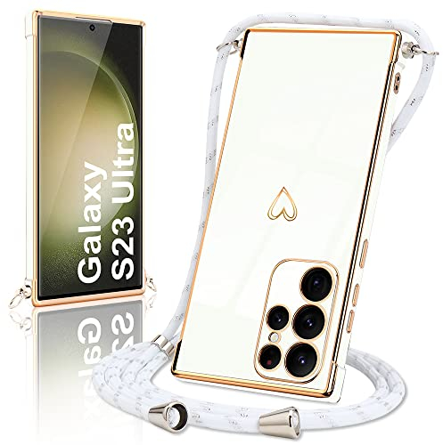 Micoden Handykette kompatibel mit Samsung Galaxy S23 Ultra 5G hülle, Ultra dünn Kameraschutz Herz Love Galvanik TPU Silikon Bumper Case Kordel zum Umhängen Handyhülle mit Band Schutzhülle,Weiß