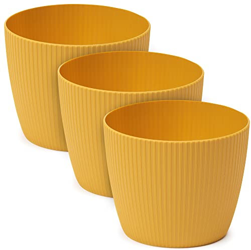 TULMERO Lot de 3 pots de fleurs mats en plastique - Pot décoratif pour grandes plantes - Lot de 3 pots à fleurs, pots à herbes - Moutarde - Diamètre : 26 cm